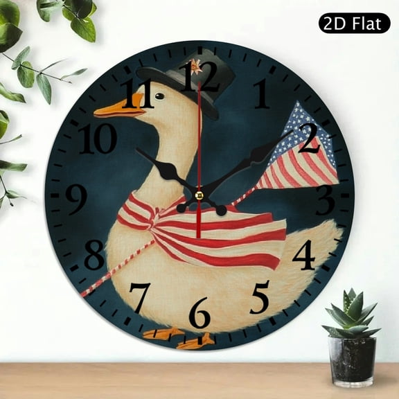 RKSupls Patriotic Duck Round Wooden Wall Clock for Home Decor, Ideal for Living Room, Kitchen, Dorm, Practical Everyday Gifts