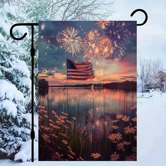 RKSupls Patriotic Linen Double Sided Garden Flag, Independence Day Themed Yard Decor, American Flag by Lake with Sunset Fireworks Outdoor Banner for Holiday Lawn