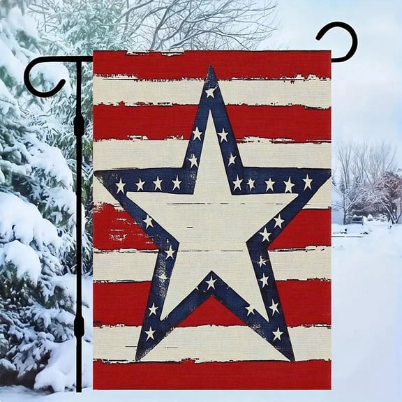 RKSupls Patriotic Linen Double Sided Garden Flag, Independence Day Themed Yard Decor, Distressed Star Flag Wood Outdoor Banner for Holiday Lawn