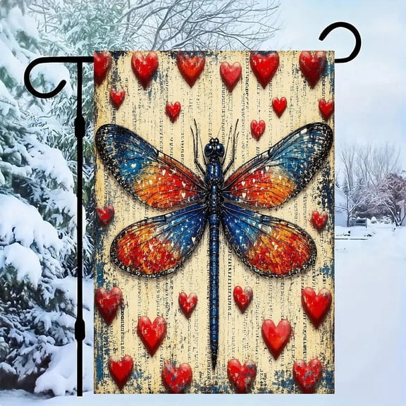 RKSupls Patriotic Linen Double Sided Garden Flag, Independence Day Themed Yard Decor, Dragonfly Hearts Vintage Newspaper Outdoor Banner for Holiday Lawn