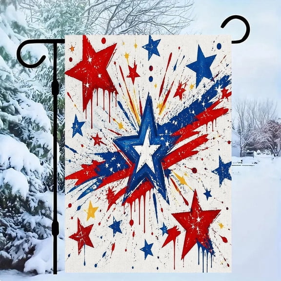 RKSupls Patriotic Linen Double Sided Garden Flag, Independence Day Themed Yard Decor, Drip Star Fireworks Red Blue Yellow Splatter Outdoor Banner for Holiday Lawn