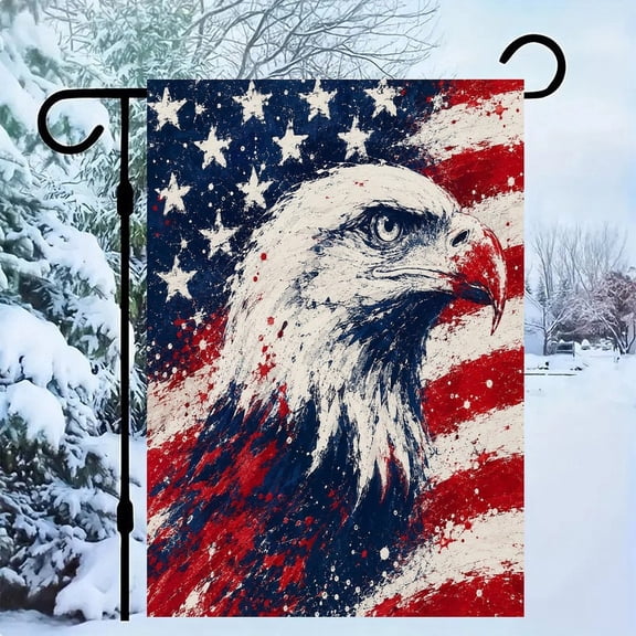 RKSupls Patriotic Linen Double Sided Garden Flag, Independence Day Themed Yard Decor, Eagle Head Flag Splatter Art Outdoor Banner for Holiday Lawn