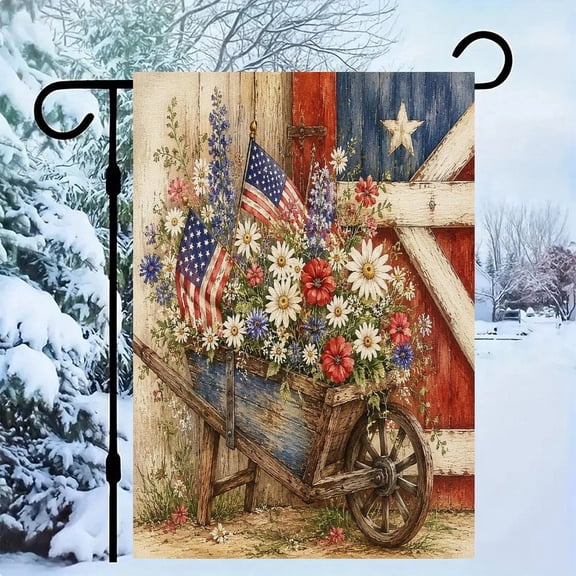 RKSupls Patriotic Linen Double Sided Garden Flag, Independence Day Themed Yard Decor, Flower Wreath Liberty Ribbon Outdoor Banner for Holiday Lawn