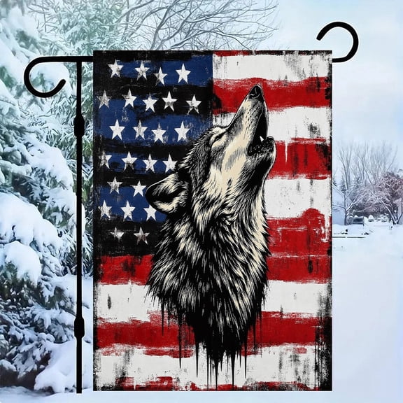 RKSupls Patriotic Linen Double Sided Garden Flag, Independence Day Themed Yard Decor, Howling Wolf Flag Dripping Paint Outdoor Banner for Holiday Lawn