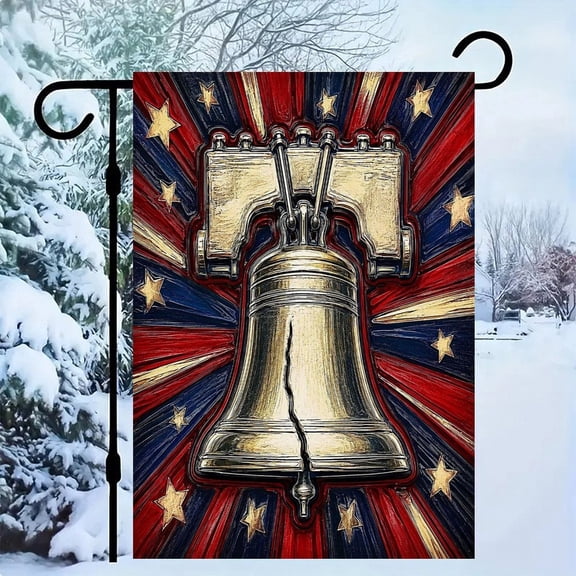 RKSupls Patriotic Linen Double Sided Garden Flag, Independence Day Themed Yard Decor, Liberty Bell Burst Star Abstract Outdoor Banner for Holiday Lawn