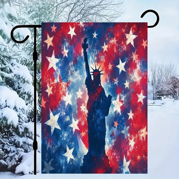 RKSupls Patriotic Linen Double Sided Garden Flag, Independence Day Themed Yard Decor, Liberty Silhouette Stars Burst Outdoor Banner for Holiday Lawn