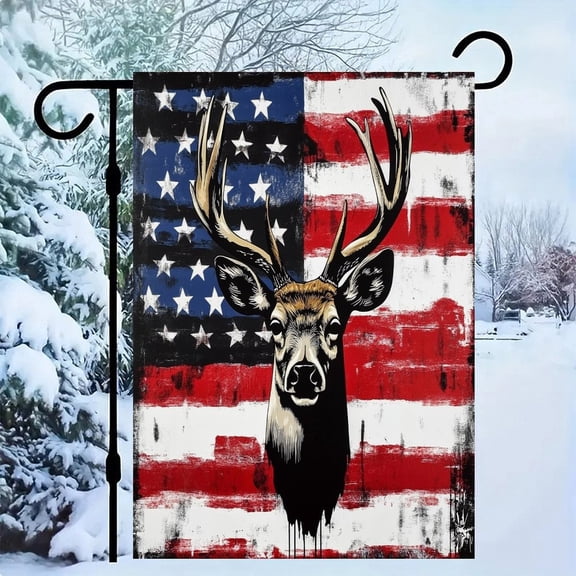RKSupls Patriotic Linen Double Sided Garden Flag, Independence Day Themed Yard Decor, Patriotic Deer Head Dripping Paint Outdoor Banner for Holiday Lawn