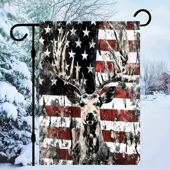 RKSupls Patriotic Linen Double Sided Garden Flag, Independence Day Themed Yard Decor, Patriotic Deer Head Grunge Outdoor Banner for Holiday Lawn