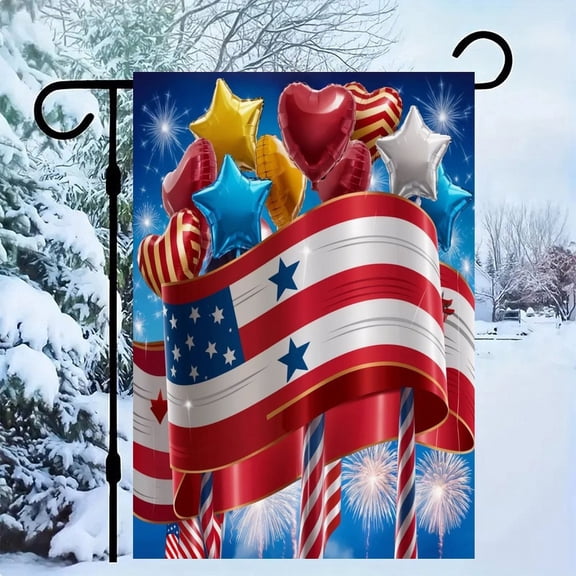RKSupls Patriotic Linen Double Sided Garden Flag, Independence Day Themed Yard Decor, Stars, Balloons Outdoor Banner for Holiday Lawn