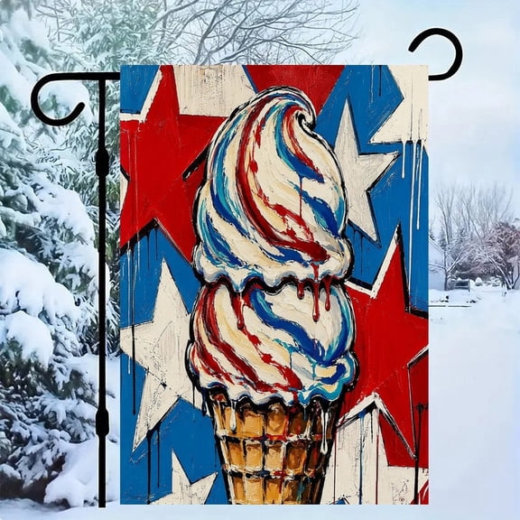 RKSupls Patriotic Linen Double Sided Garden Flag, Independence Day Themed Yard Decor, Swirl Ice Cream Cone Stars Pop Outdoor Banner for Holiday Lawn