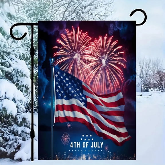 RKSupls Patriotic Linen Double Sided Garden Flag, Independence Day Themed Yard Decor, Waving Flag Night Fireworks Outdoor Banner for Holiday Lawn