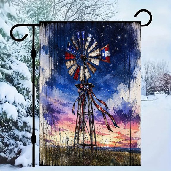 RKSupls Patriotic Linen Double Sided Garden Flag, Independence Day Themed Yard Decor, Windmill Sunset Ribbon Americana Outdoor Banner for Holiday Lawn