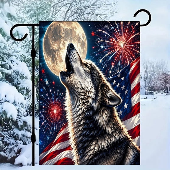 RKSupls Patriotic Linen Double Sided Garden Flag, Independence Day Themed Yard Decor, Wolf Howl Moon Fireworks Flag Night Outdoor Banner for Holiday Lawn