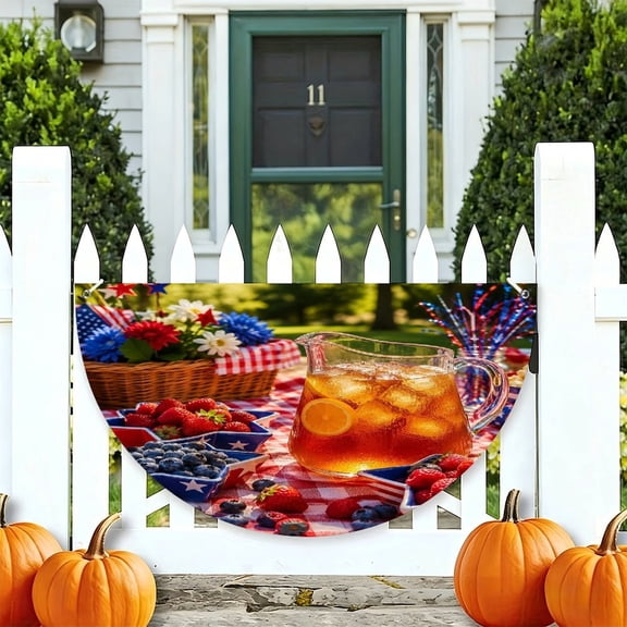 RKSupls Patriotic Picnic Lemonade And Berries Patriotic Half Round American Flag Banner 1776-2026, USA Independence Day Fence Porch Hanging Decor