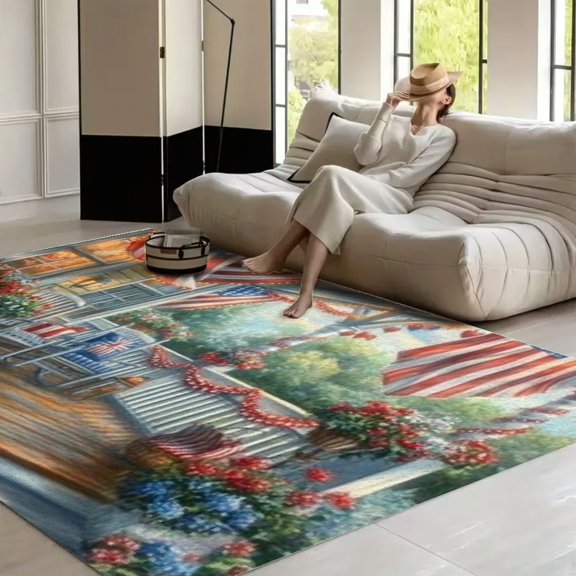 RKSupls Patriotic Porch Decor Flags Lights Soft Fluffy Velvet Area Rug for Living Room Bedroom, Non-Slip Washable Carpet, Modern Minimalist Home Decor Floor Mat