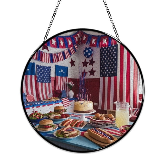 RKSupls Patriotic Round Stained Glass Window Suncatcher, Americo Makk Ornament with Metal Hook & Chain, Solid Glass Wall Decor for Home & Holiday Gift