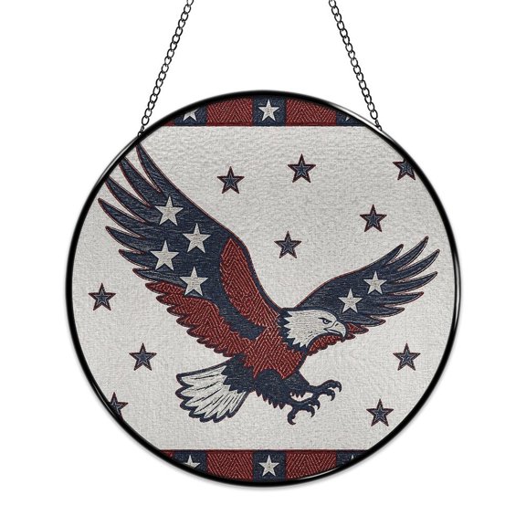 RKSupls Patriotic Round Stained Glass Window Suncatcher, Eagle Embroidery Fabric Americana Ornament with Metal Hook & Chain, Solid Glass Wall Decor for Home & Holiday Gift