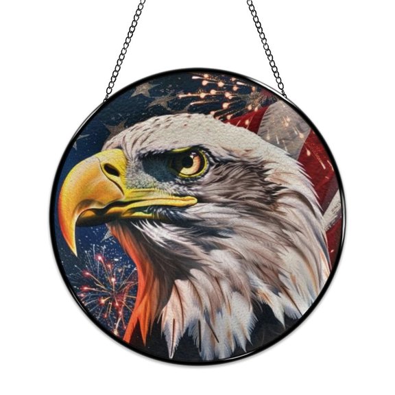 RKSupls Patriotic Round Stained Glass Window Suncatcher, Eagle Head with Fireworks in Night Sky Ornament with Metal Hook & Chain, Solid Glass Wall Decor for Home & Holiday Gift
