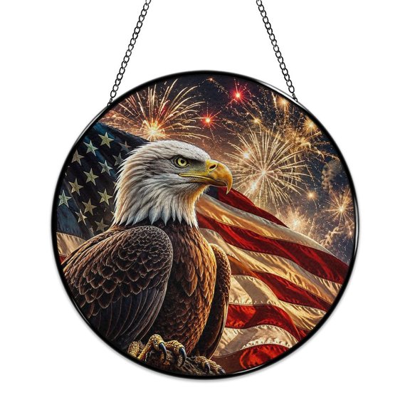 RKSupls Patriotic Round Stained Glass Window Suncatcher, Eagle Portrait Flag Golden Fireworks Night Ornament with Metal Hook & Chain, Solid Glass Wall Decor for Home & Holiday Gift