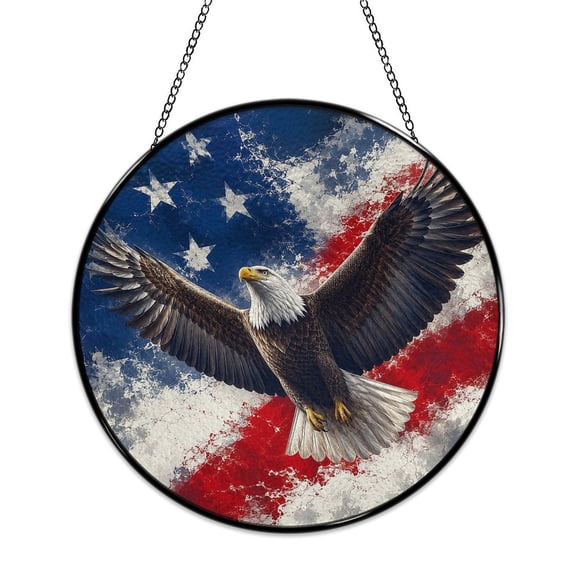 RKSupls Patriotic Round Stained Glass Window Suncatcher, Eagle Soaring Patriotic Cloud Sky Ornament with Metal Hook & Chain, Solid Glass Wall Decor for Home & Holiday Gift