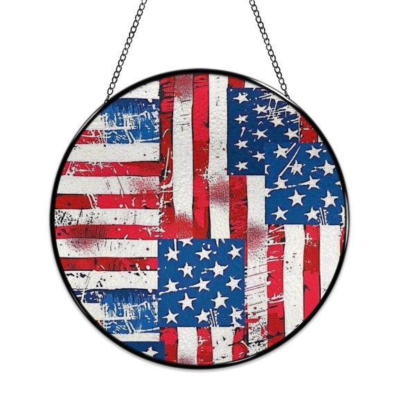 RKSupls Patriotic Round Stained Glass Window Suncatcher, Layered American Flags Street Art Collage Ornament with Metal Hook & Chain, Solid Glass Wall Decor for Home & Holiday Gift