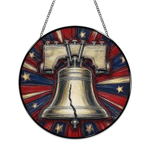 RKSupls Patriotic Round Stained Glass Window Suncatcher, Liberty Bell Burst Star Abstract Ornament with Metal Hook & Chain, Solid Glass Wall Decor for Home & Holiday Gift