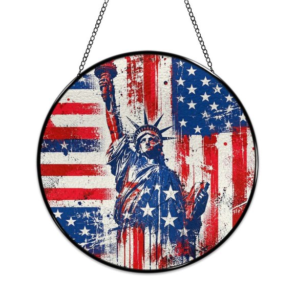 RKSupls Patriotic Round Stained Glass Window Suncatcher, Liberty Statue Grunge Street Art Ornament with Metal Hook & Chain, Solid Glass Wall Decor for Home & Holiday Gift