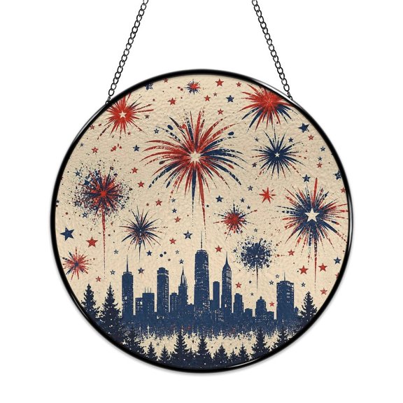 RKSupls Patriotic Round Stained Glass Window Suncatcher, Patriotic Eagle Night Sky Fireworks Ornament with Metal Hook & Chain, Solid Glass Wall Decor for Home & Holiday Gift