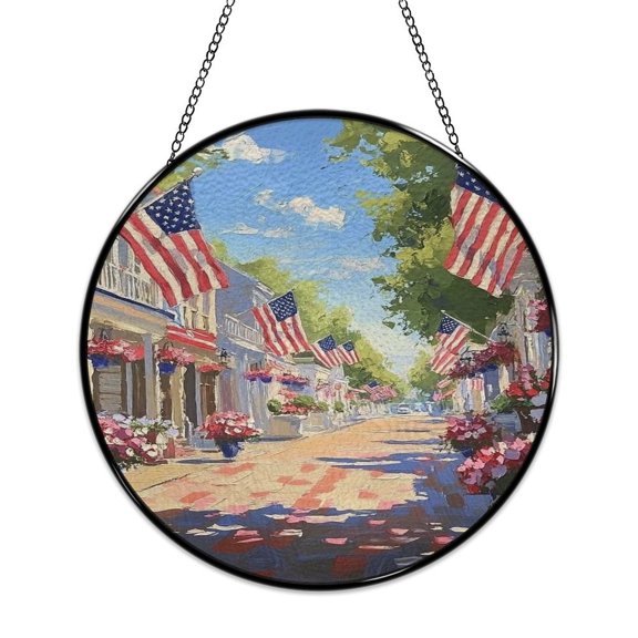 RKSupls Patriotic Round Stained Glass Window Suncatcher, Patriotic Town Street Flags Summer Ornament with Metal Hook & Chain, Solid Glass Wall Decor for Home & Holiday Gift