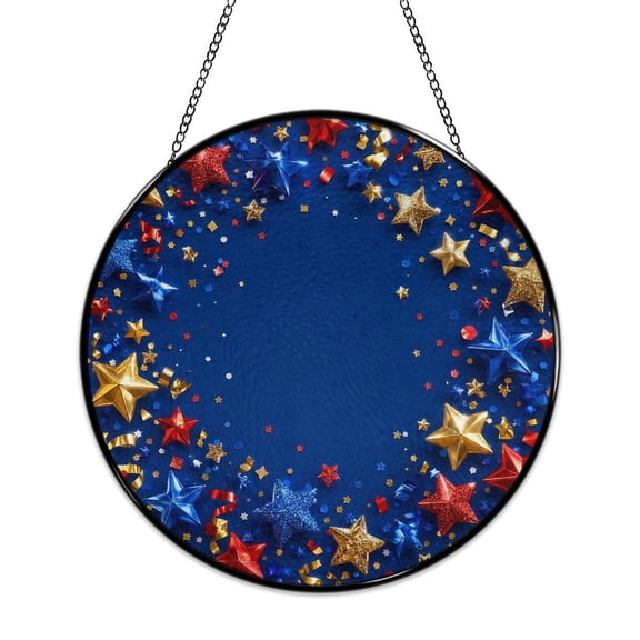RKSupls Patriotic Round Stained Glass Window Suncatcher, Red Blue Gold Stars Celebration Frame Ornament with Metal Hook & Chain, Solid Glass Wall Decor for Home & Holiday Gift