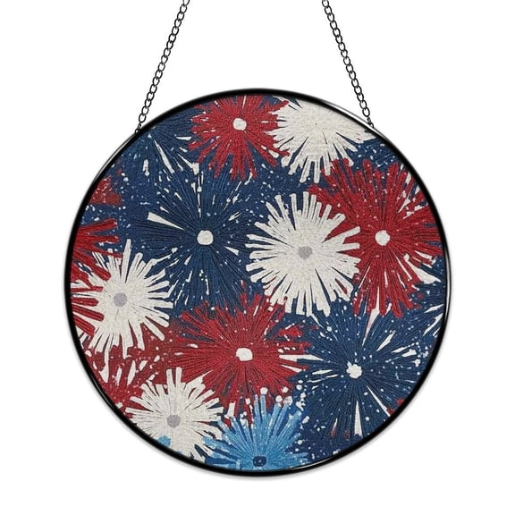 RKSupls Patriotic Round Stained Glass Window Suncatcher, Red White Blue Firework Burst Ornament with Metal Hook & Chain, Solid Glass Wall Decor for Home & Holiday Gift
