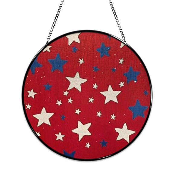 RKSupls Patriotic Round Stained Glass Window Suncatcher, Silk Screen Stars Pattern Ornament with Metal Hook & Chain, Solid Glass Wall Decor for Home & Holiday Gift