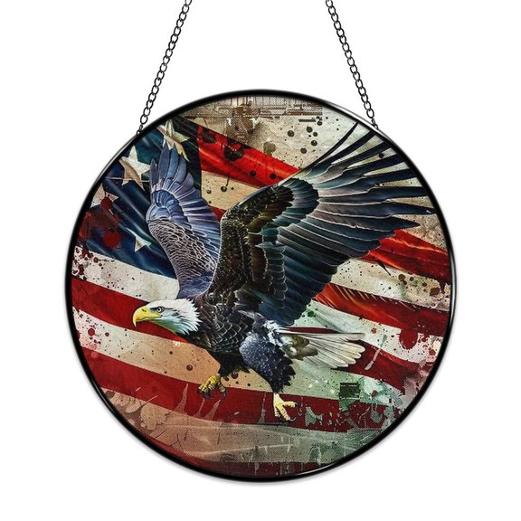 RKSupls Patriotic Round Stained Glass Window Suncatcher, Soaring Eagle Collage Flag Ornament with Metal Hook & Chain, Solid Glass Wall Decor for Home & Holiday Gift