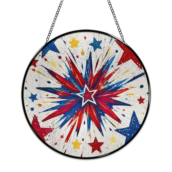 RKSupls Patriotic Round Stained Glass Window Suncatcher, Star Burst Fireworks Red Blue Gold Paint Ornament with Metal Hook & Chain, Solid Glass Wall Decor for Home & Holiday Gift