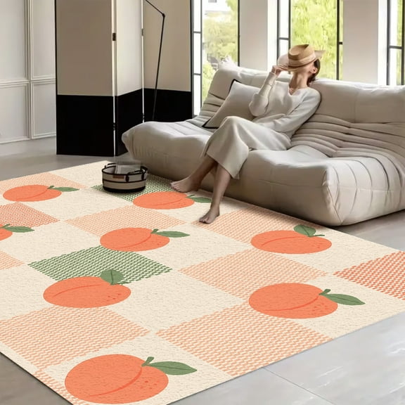 RKSupls Peach Gingham Checkered Pattern Sweet Soft Fluffy Velvet Area Rug for Living Room Bedroom, Non-Slip Washable Carpet, Modern Minimalist Home Decor Floor Mat