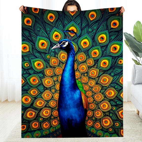 RKSupls Peacock Feather Soft Flannel Throw Blanket, Lightweight Fuzzy Warm Cozy Blanket for Couch Bed Home Travel Decor