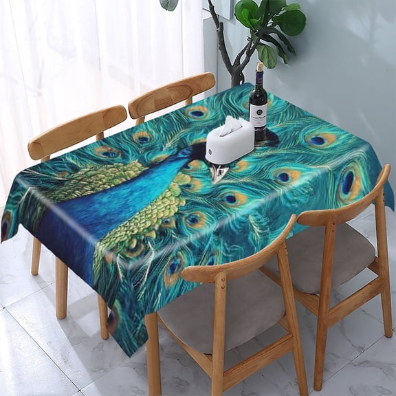 RKSupls Peacock Feathers Blue Rectangle Dining Tablecloth, Washable Wipeable Stain & Wrinkle Resistant Polyester Tablecloth for Kitchen Picnic Party