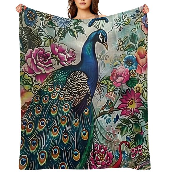 RKSupls Peacock Flowers Ceramic Roses Soft Flannel Throw Blanket, Lightweight Fuzzy Warm Cozy Blanket for Couch Bed Home Travel Decor