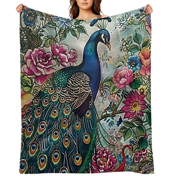 RKSupls Peacock Flowers Ceramic Roses Soft Flannel Throw Blanket, Lightweight Fuzzy Warm Cozy Blanket for Couch Bed Home Travel Decor