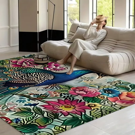 RKSupls Peacock Flowers Ceramic Roses Soft Fluffy Velvet Area Rug for Living Room Bedroom, Non-Slip Washable Carpet, Modern Minimalist Home Decor Floor Mat