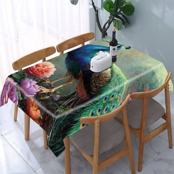 RKSupls Peacock Flowers Garden Rectangle Dining Tablecloth, Washable Wipeable Stain & Wrinkle Resistant Polyester Tablecloth for Kitchen Picnic Party