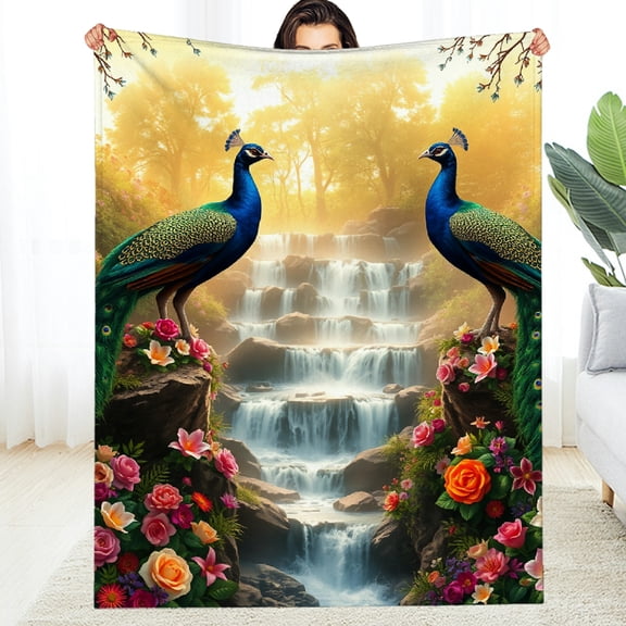 RKSupls Peacock Waterfall Scene Soft Flannel Throw Blanket, Lightweight Fuzzy Warm Cozy Blanket for Couch Bed Home Travel Decor