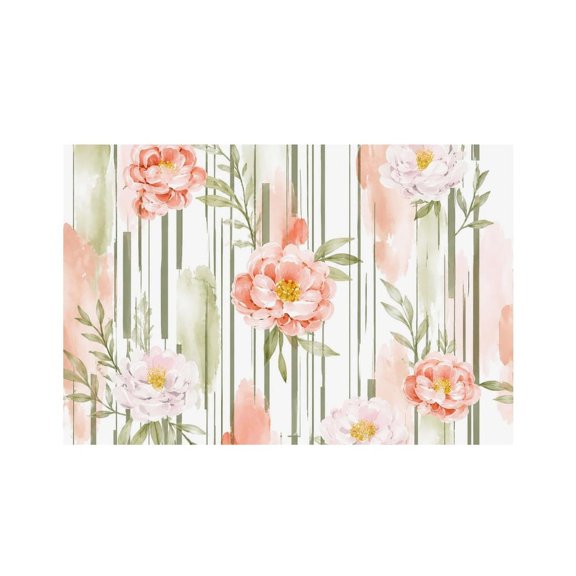 RKSupls Peony Stripe Watercolor Pattern Linen Placemats 30x45cm Straight Edge Stain Resistant Washable Non-Slip Table Mats Table for Kitchen Dining Room Home