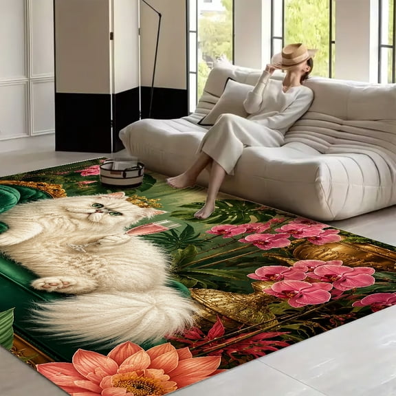 RKSupls Persian Cat King With Champagne Soft Fluffy Velvet Area Rug for Living Room Bedroom, Non-Slip Washable Carpet, Modern Minimalist Home Decor Floor Mat