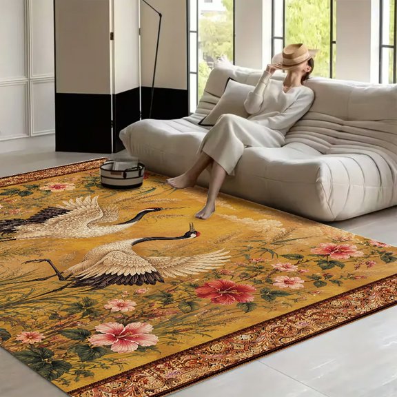RKSupls Persian Style Dancing Cranes With Hibiscus  Soft Fluffy Velvet Area Rug   for Living Room Bedroom, Non-Slip Washable Carpet, Modern Minimalist Home Decor Floor Mat