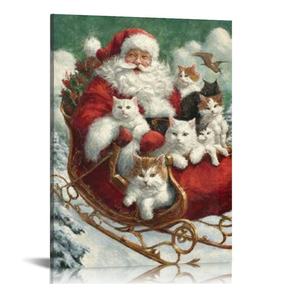 RKSupls Personalized Santa With Cats Canvas Wall Art, Canvas Prints Wall Art for Living Room Bedroom Entryway Office, Art Print Painting for New Year Home Decorations,12x16in