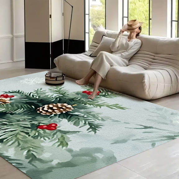 RKSupls Pine Cones Berries Snowflakes Soft Fluffy Velvet Area Rug for Living Room Bedroom, Non-Slip Washable Carpet, Modern Minimalist Home Decor Floor Mat