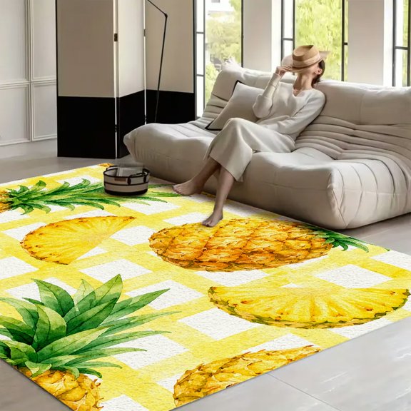 RKSupls Pineapple Gingham Pattern Design Soft Fluffy Velvet Area Rug for Living Room Bedroom, Non-Slip Washable Carpet, Modern Minimalist Home Decor Floor Mat