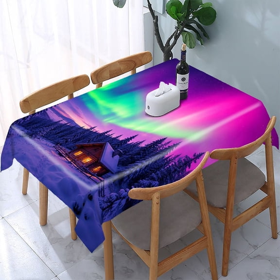 RKSupls Pink Aurora Cabin Snow Rectangle Dining Tablecloth, Washable Wipeable Stain & Wrinkle Resistant Polyester Tablecloth for Kitchen Picnic Party