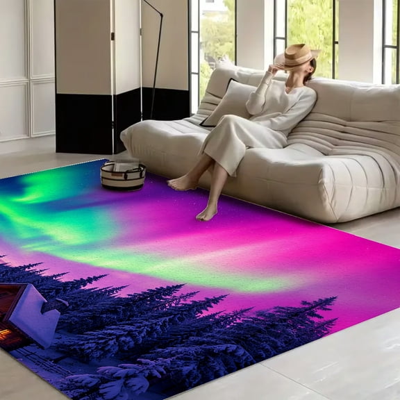 RKSupls Pink Aurora Cabin Snow Soft Fluffy Velvet Area Rug for Living Room Bedroom, Non-Slip Washable Carpet, Modern Minimalist Home Decor Floor Mat
